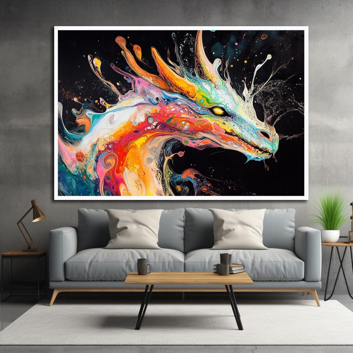 Colorful Paint Splash Dragon Head Side Profile Abstract Fantasy Poster - Image 3