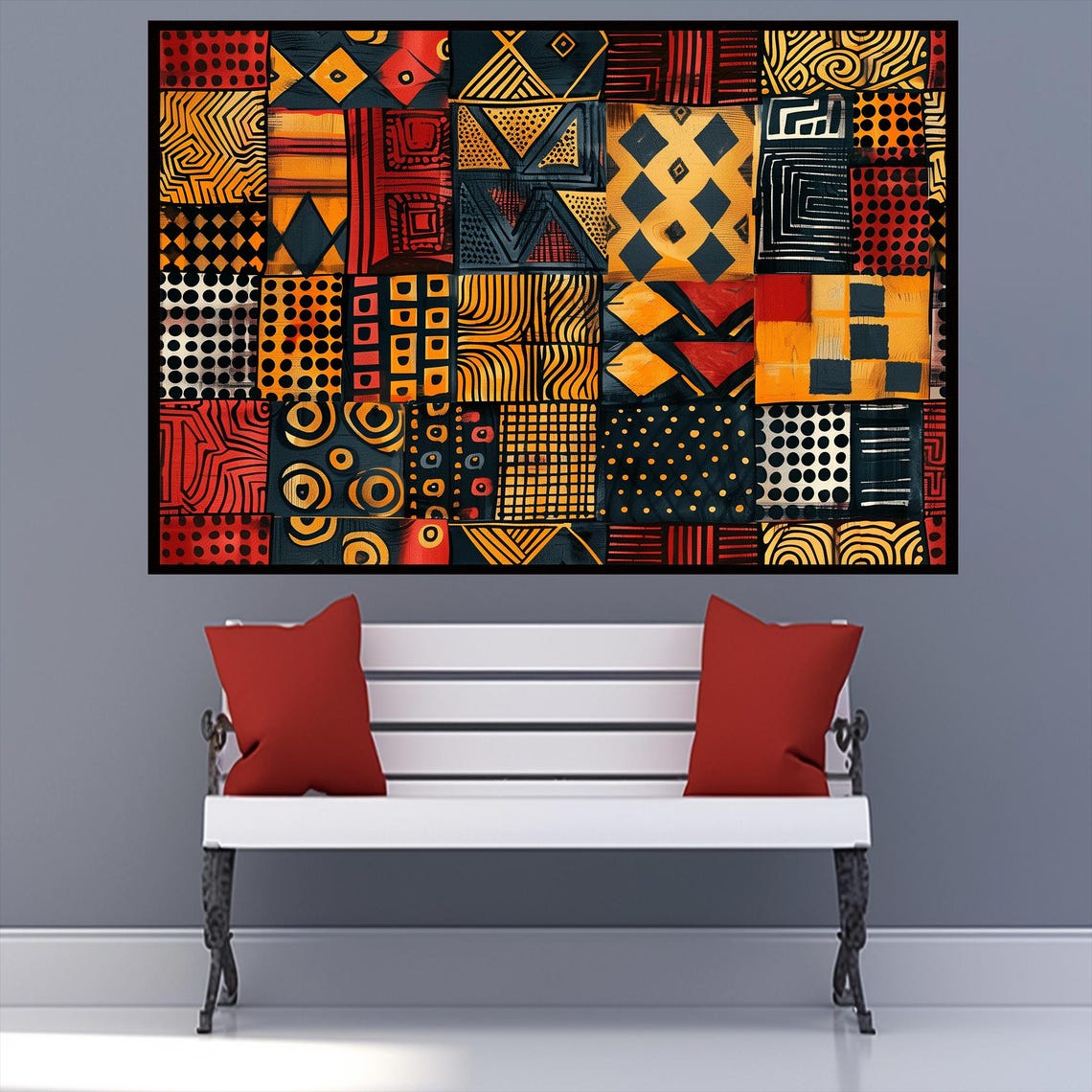 African Mudcloth Pattern Wall Art with Tribal Geometric Blocks - Image 3