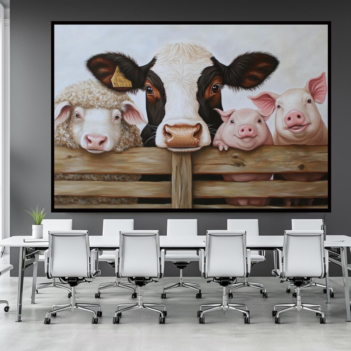 Funny Farm Animals Cow Sheep Pigs Peeking Over Fence Barnyard Poster - Image 3