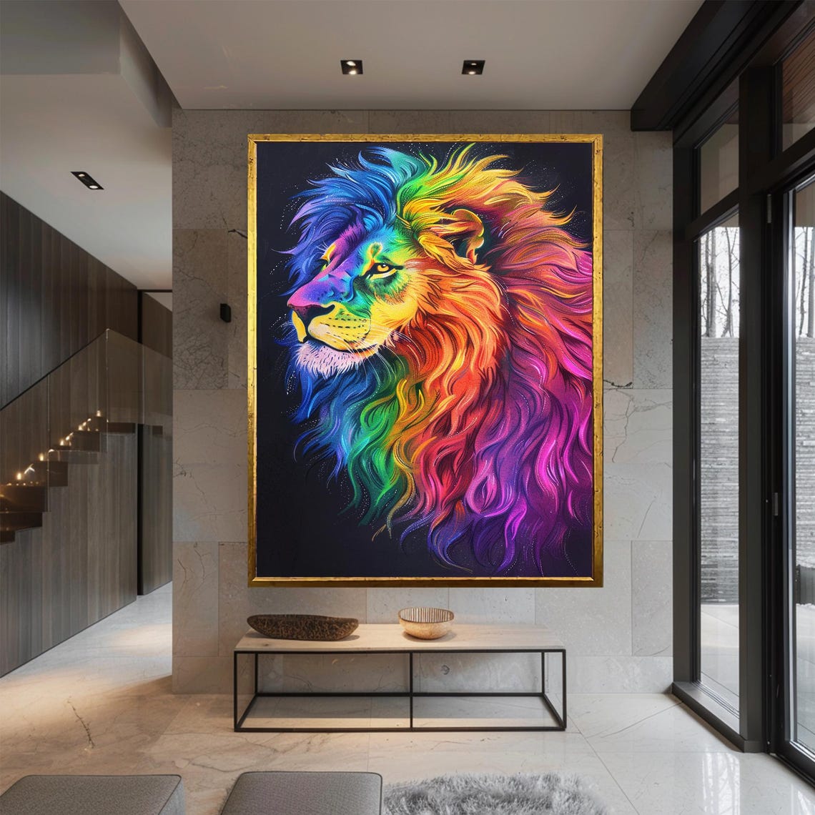Neon Rainbow Lion Head Profile Colorful Mane Black Background Poster - Image 3