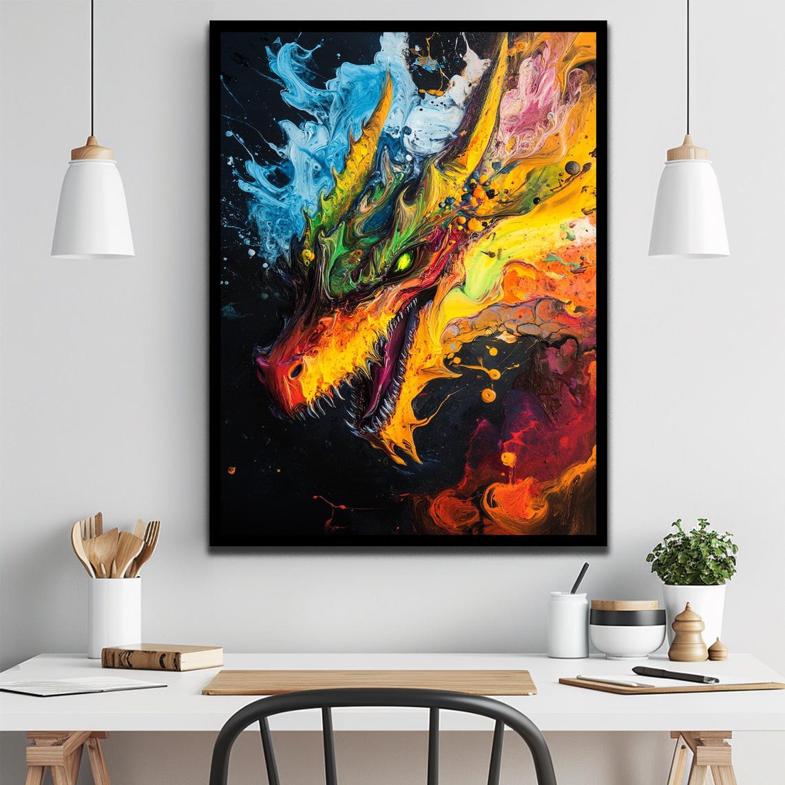 Fiery Abstract Dragon Head Blue Orange Paint Swirl Dark Artwork Poster - Image 3