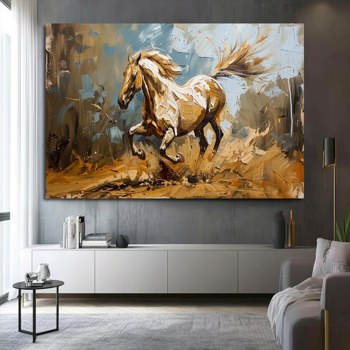 Golden Galloping Horse Abstract Oil Painting Dynamic Wall Art - Image 2
