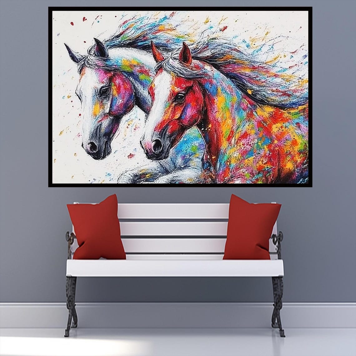 Colorful Abstract Pair of Horse Heads Modern Artistic Wall Art - Image 3