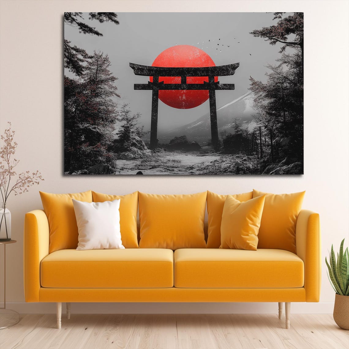Japanese Torii Gate Black Silhouette Red Sun Monochrome Zen Art Poster - Image 3