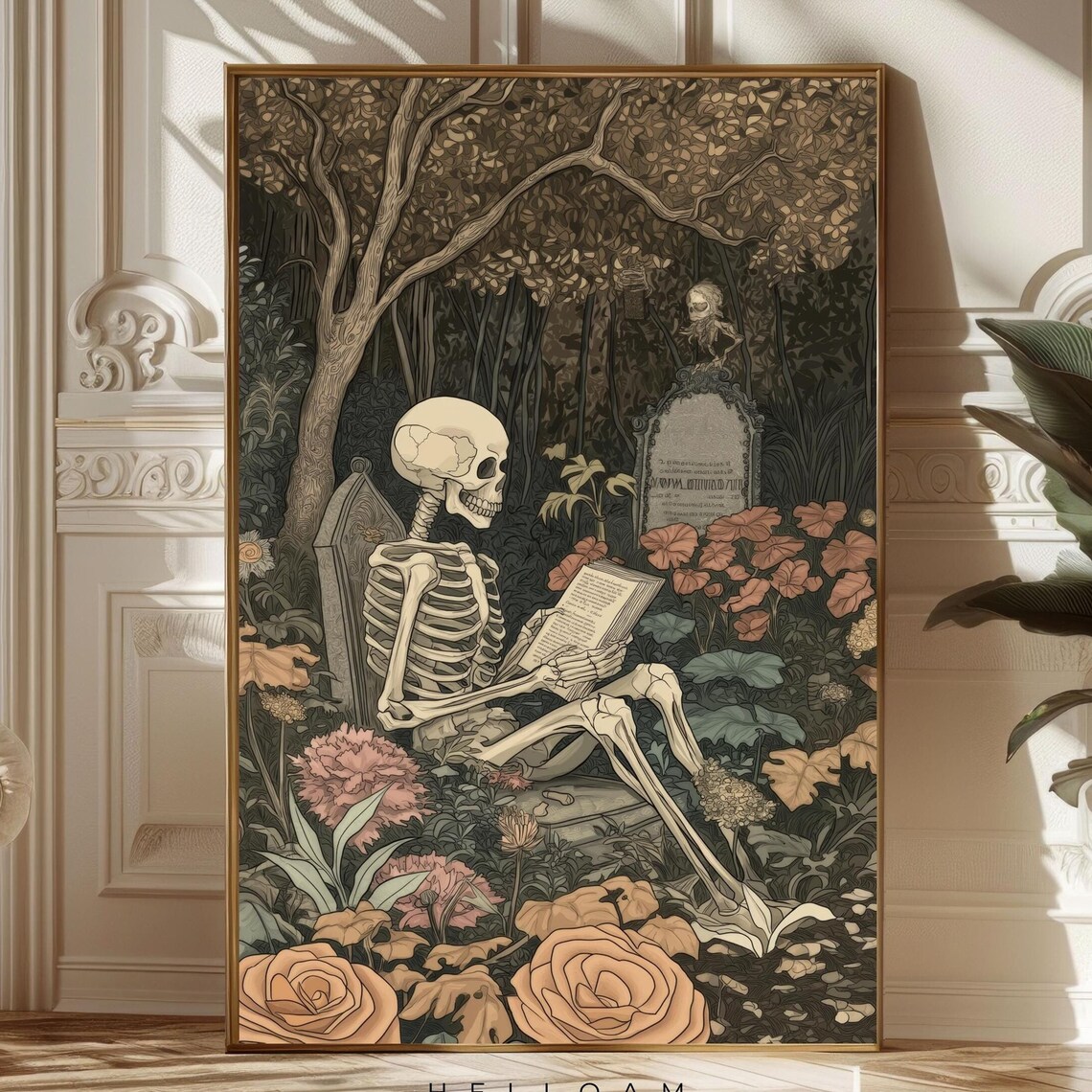 Skeleton Reading Halloween Vintage Poster Print