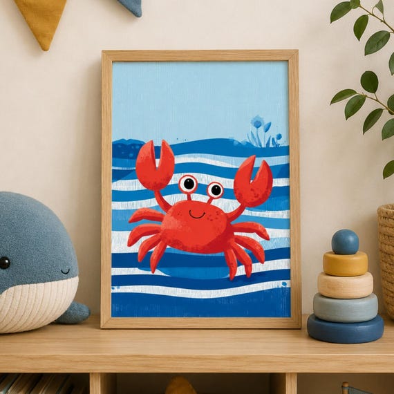 Cute Crab Nursery Wall Art Print Ocean Animal Poster Coastal Kids Room Decor Beach Sea Creature