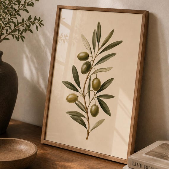 Olive Branch Wall Art Botanical Poster Minimalist Green Illustration Neutral Nature Decor For Kitchen Or Dining Room