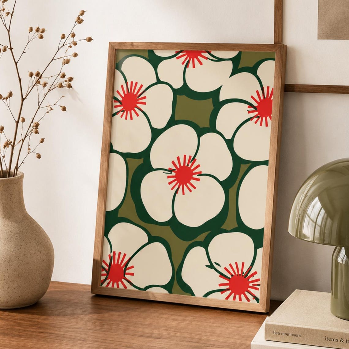 Retro White Floral Pattern Red Sun Mid Century Modern Poster