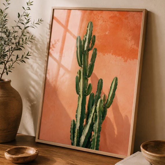 Cactus Wall Art Botanical Desert Poster Minimalist Green On Terracotta Warm Neutral Nature Decor For Living Room