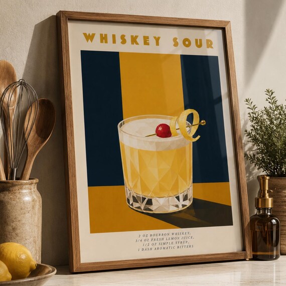 Whiskey Sour Cocktail Recipe Poster Art Deco Bar Kitchen Wall Decor