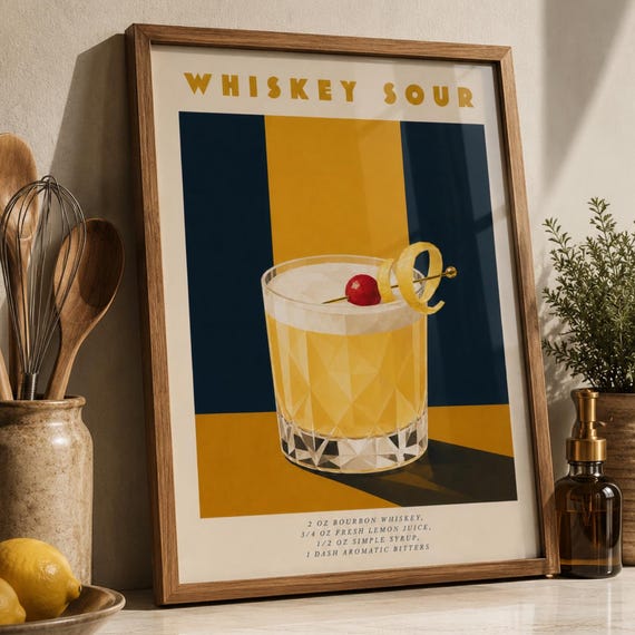 Whiskey Sour Cocktail Wall Art Minimalist Drink Illustration Geometric Bar Decor Modern Kitchen And Home Artwork