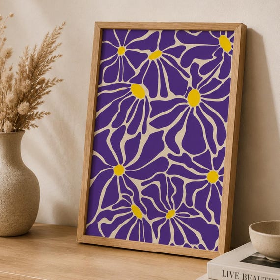 Purple Floral Wall Art Print Mid Century Modern Flower Poster Scandinavian Botanical Decor Violet Daisy Artwork
