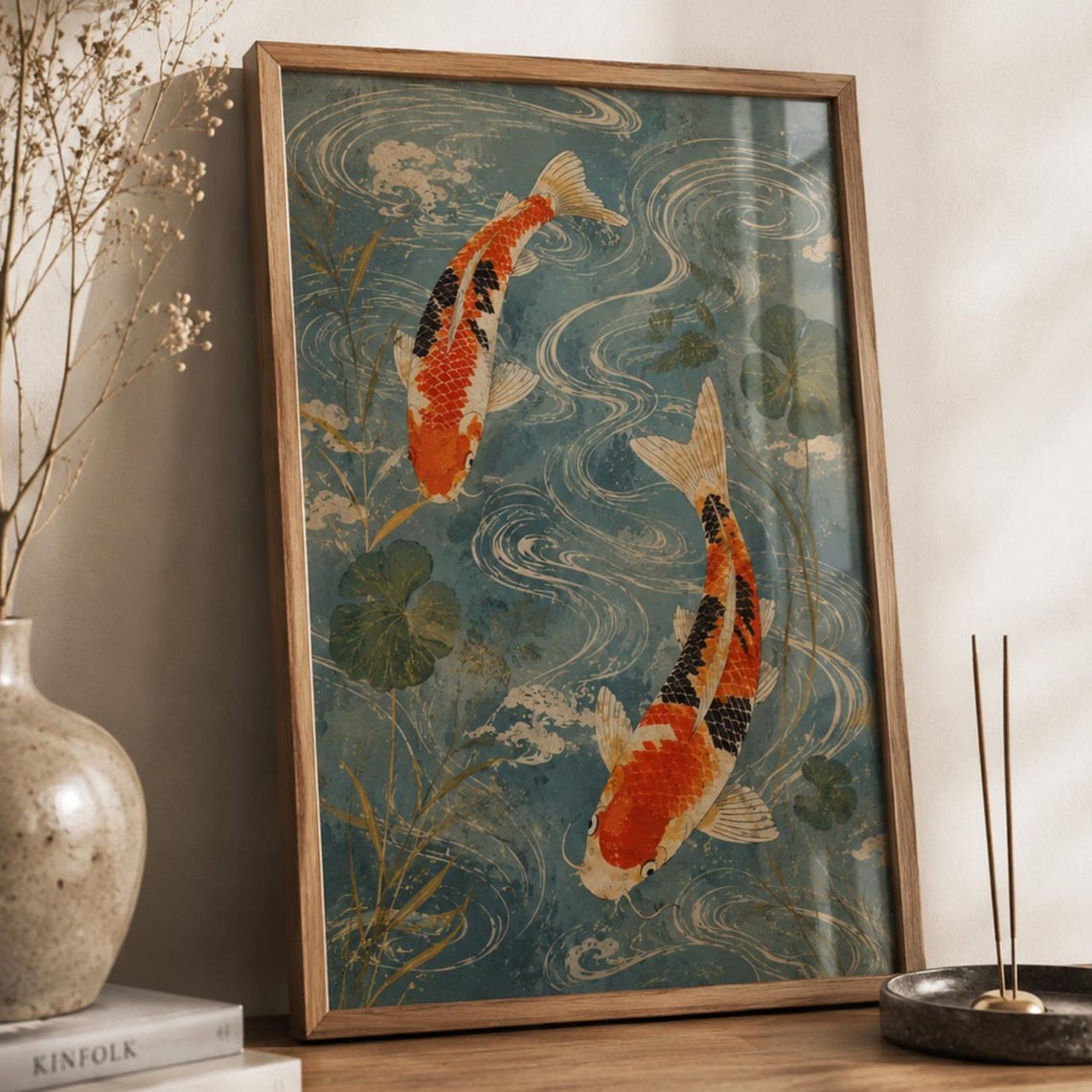 Koi Fish Wall Art Print Japanese Decor Vintage Zen Poster Asian Pond Artwork Japandi Home Gift
