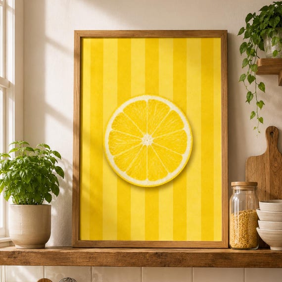 Lemon Slice Wall Art Print Citrus Kitchen Decor Yellow Fruit Poster Summer Artwork Modern Food