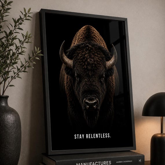 Bison Wall Art Print Stay Relentless Poster Motivational Buffalo Decor Rustic Western Animal Artwork Masculine Office Gift