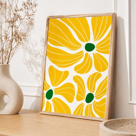 Yellow Floral Wall Art Print Scandinavian Botanical Poster Mid Century Modern Flower Decor Daisy