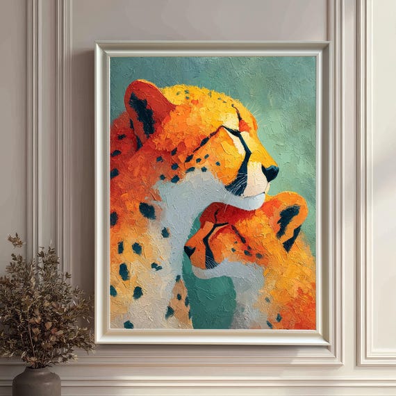 Textured Cheetah Mother Cub Art Print Wildlife Gicle Wood Framed Wall Decor