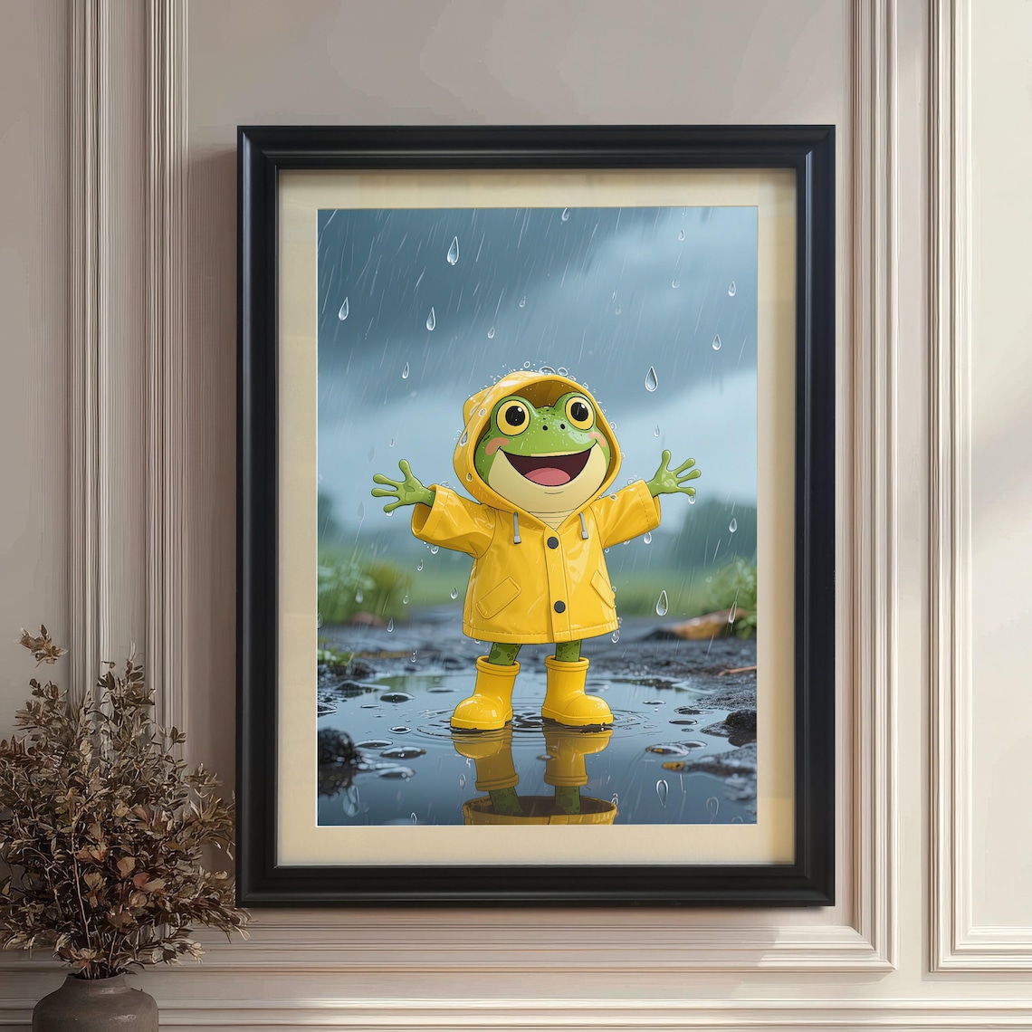 Cute Frog in Yellow Raincoat Splashing Puddles Kids Room Poster