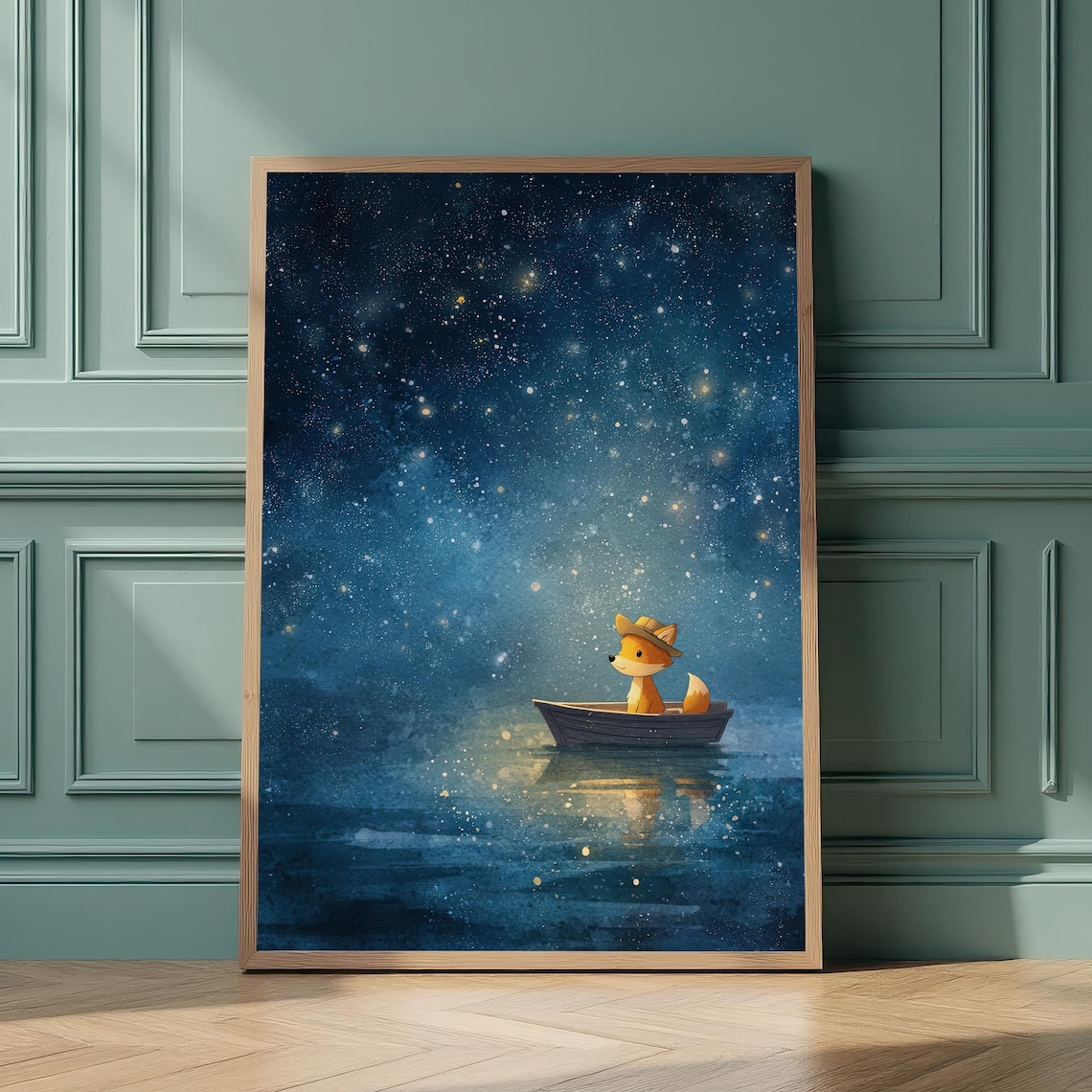 Dreamy Fox In Boat Under Starry Night Sky Nursery Animal Art Poster