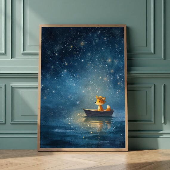 Dreamy Fox On Boat Wall Art Starry Night Sky Print Whimsical Animal Nursery Magical Decor
