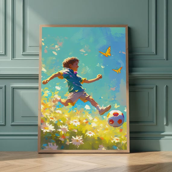 Joyful Boy Playing Soccer Wall Art Print Vibrant Kids Sports Decor Energetic Room