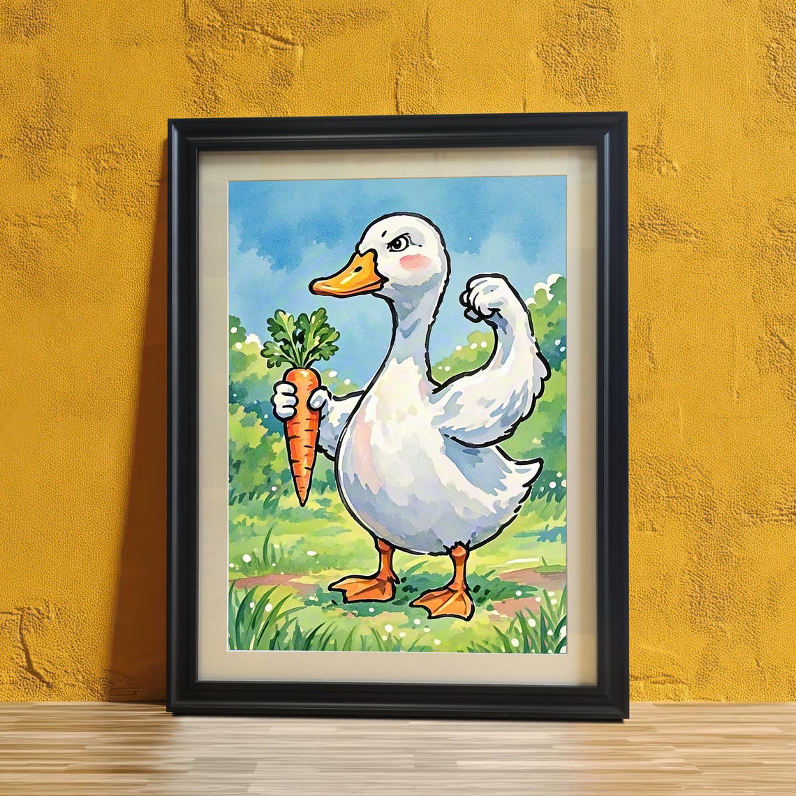 Strong Cartoon Duck Flexing Muscles Holding Carrot Funny Wall Art
