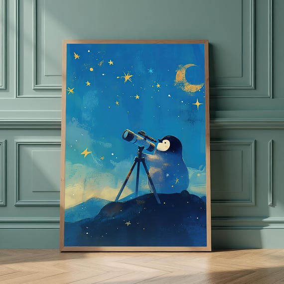 Whimsical Penguin Stargazer Wall Art Moon Stars Nursery Print Cosmic Animal Dreamy Decor