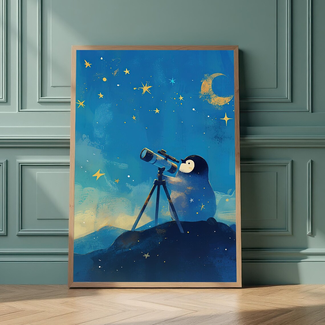 Whimsical Penguin Stargazer Wall Art Moon Stars Nursery Print Cosmic Animal Dreamy Decor