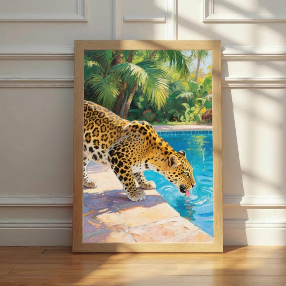 Leopard Drinking Poolside Art Jungle Safari Animal Wall Instant Wildcat Painting Tropical Decor Nature Lover