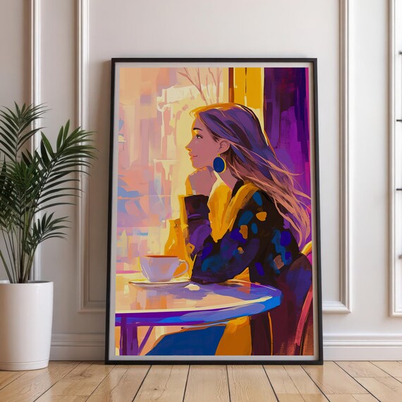 Window Reflections Woman Purple Hair Cafe Morning Coffee Poster