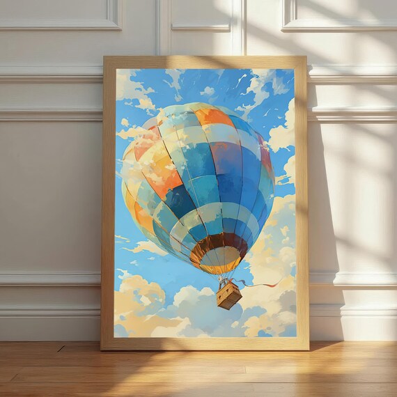 Vibrant Hot Air Balloon Art Print Whimsical Sky Adventure Colorful Nursery Kids Room Decor Unique Living Wall