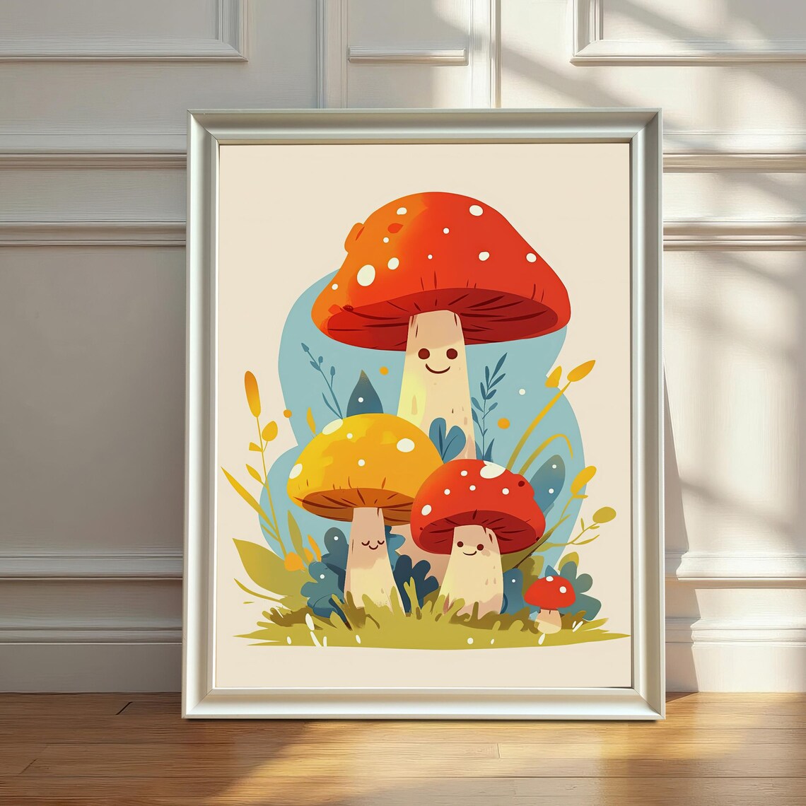 Cute Smiling Mushroom Characters Whimsical Forest Kids Art Poster