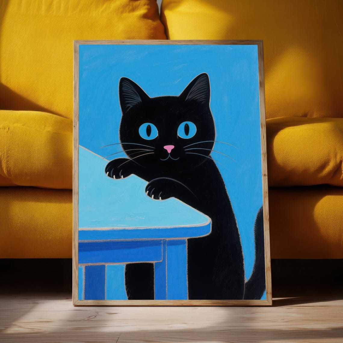 Black Cat With Blue Eyes Leaning on Table Playful Pet Poster