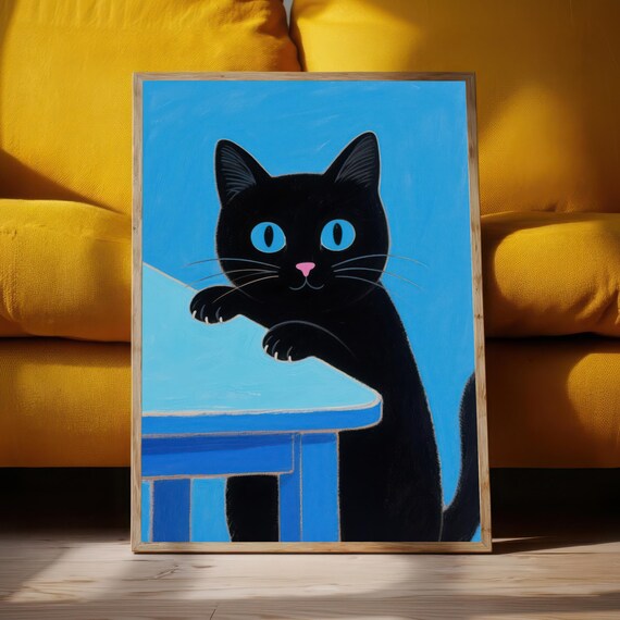 Black Cat With Blue Eyes Leaning on Table Playful Pet Poster