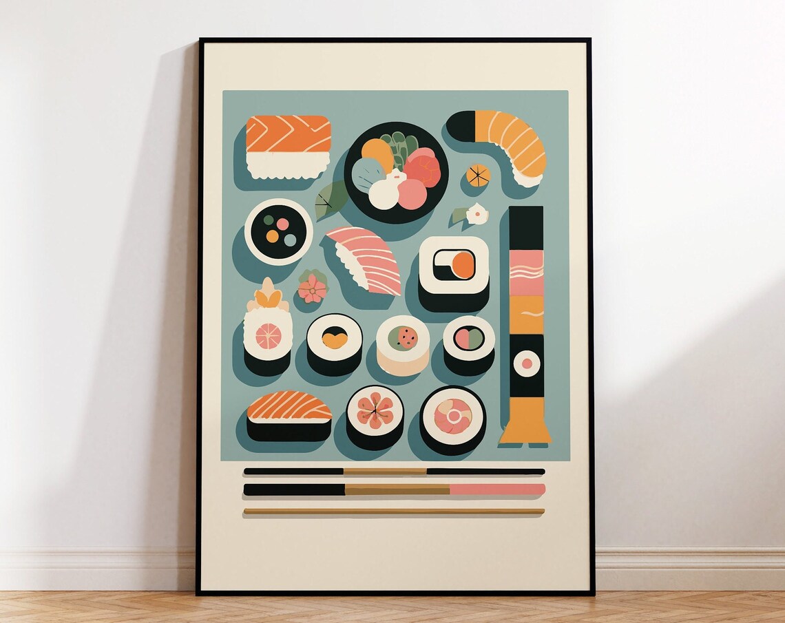 Japanese Sushi Flat Lay Poster with Salmon Nigiri on Teal Background