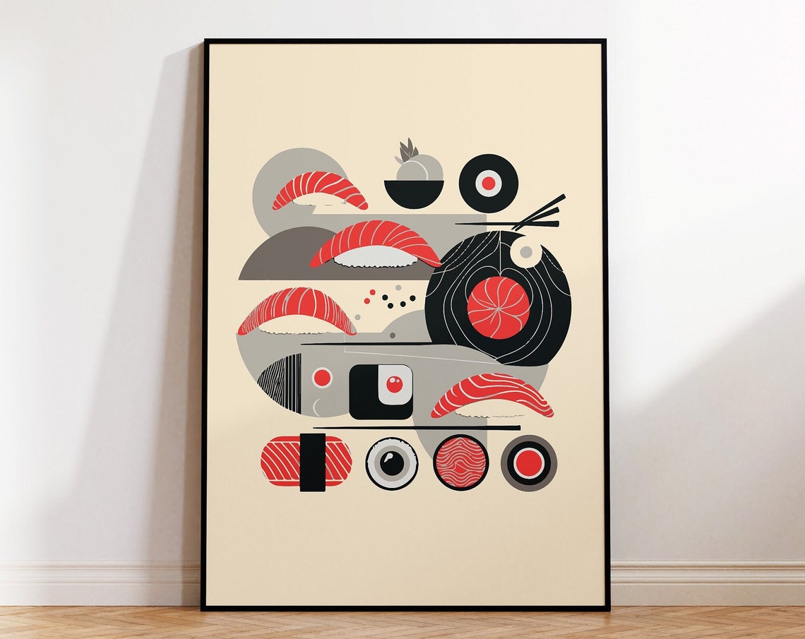 Abstract Sushi Set Poster Bold Red Black Geometric Shapes on Cream