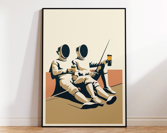 Fencing Wall Art Print Fencers In Epee Masks Drinking Beer Together Poster For Fencers Kitchen Decor For Fencer