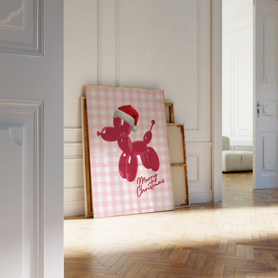 Merry Christmas Santa Balloon Dog Red on Pink Gingham Poster - Image 2
