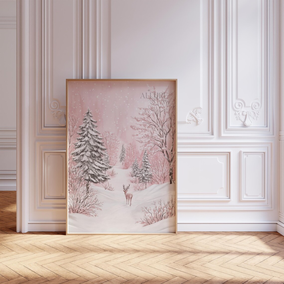 Pink Winter Forest Print, Snowy Christmas Trees - Image 2