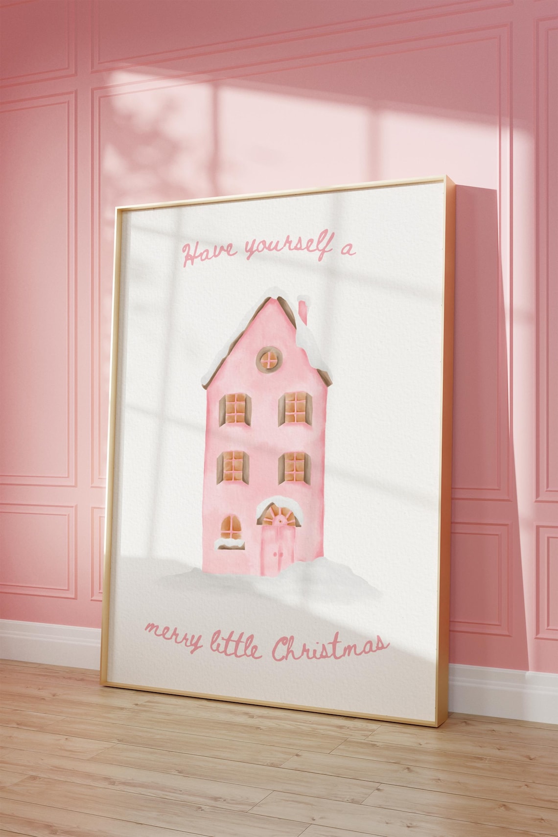 Pink Snowy Christmas House Watercolor Cozy Holiday Village Wall Art - Image 4