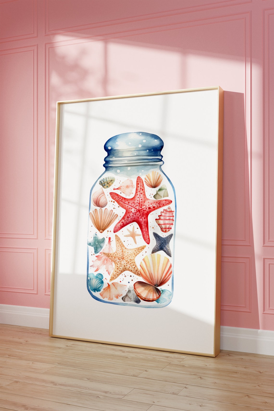 Watercolor Starfish And Seashells In Tall Mason Jar Coastal Poster - Image 3