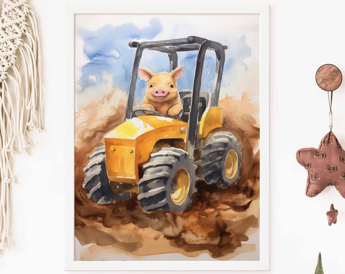 Playful Pig Driving Yellow Tractor Through Mud Poster for Kids