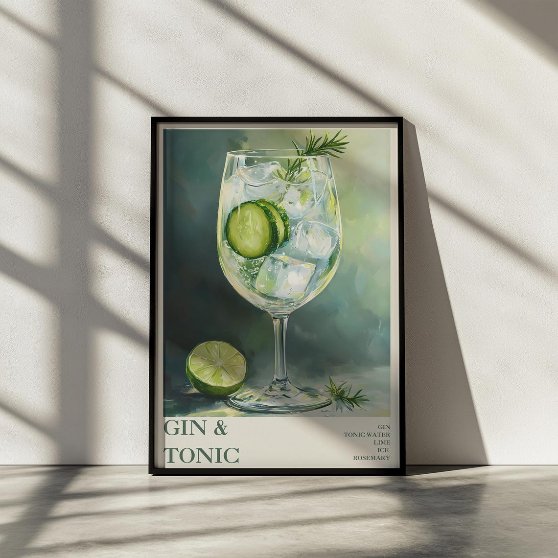 Gin and Tonic Cocktail Recipe Art Poster with Lime Rosemary Garnish