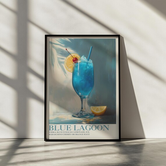 Blue Lagoon Cocktail Recipe Print Vodka Curacao Bar Cart Wall Decor