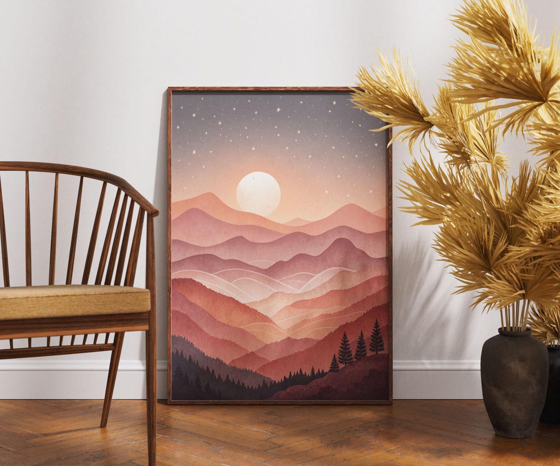 Mountain Sunset Layers Pink Moonlit Night Landscape Art Poster