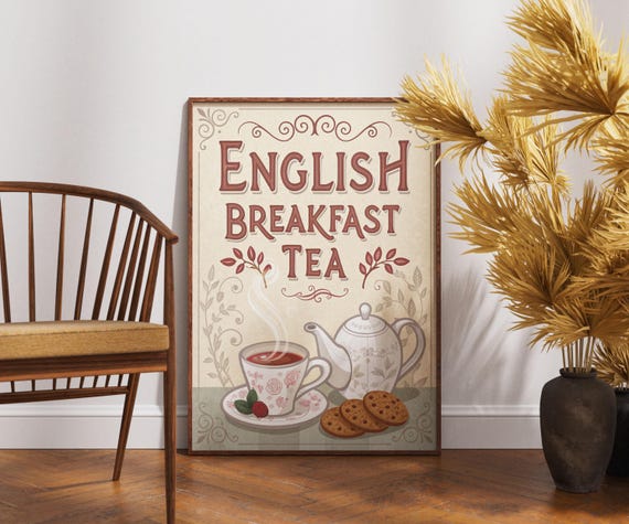 Vintage English Breakfast Tea Poster Retro Room Wall Art Classic Lover Print Midcentury Kitchen Decor Drink