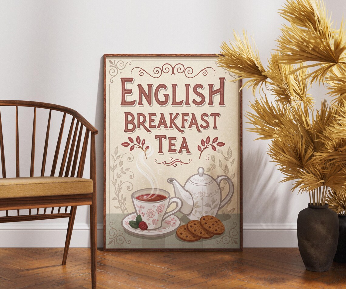 Vintage English Breakfast Tea Poster Teapot Cookies Retro Kitchen Art