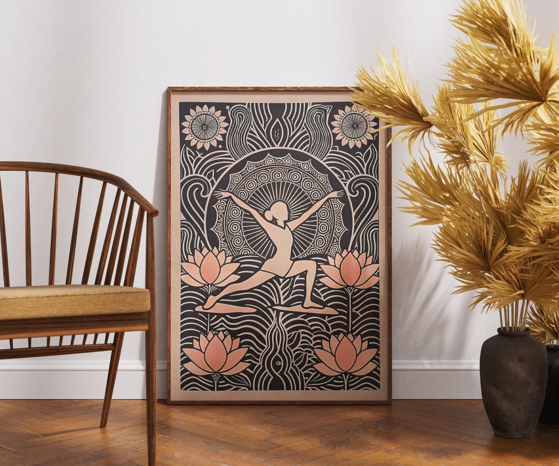 Vintage Yoga Poster Linocut Warrior Pose Art Bloom Wall Decor Retro Zen Illustration Boho Meditation Print Unique Mindfulness Gift