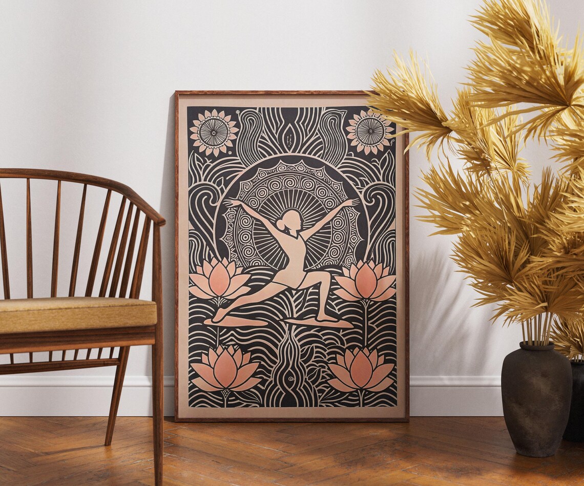 Warrior Pose Yoga Linocut Lotus Zen Spiritual Balance Poster