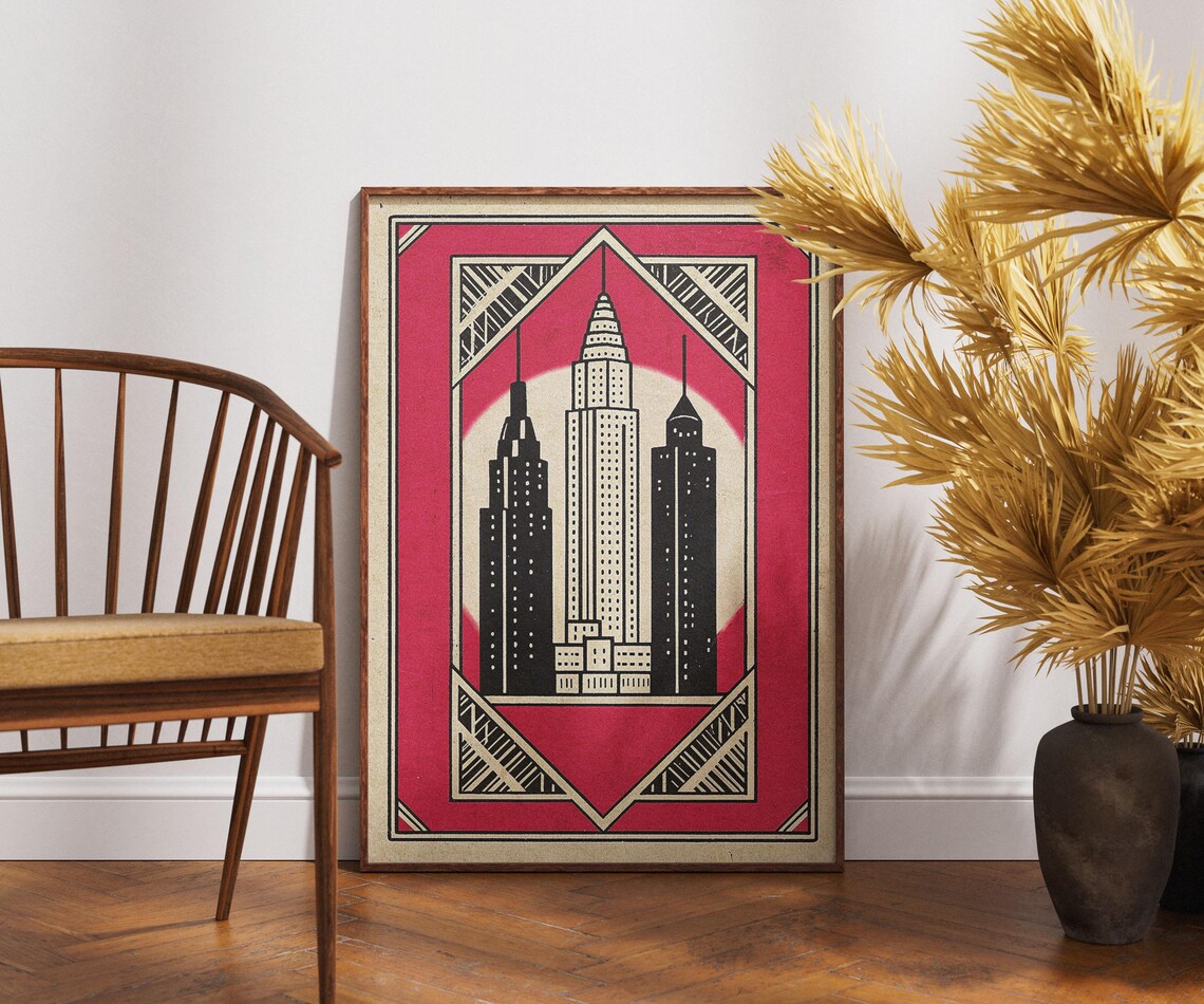 Art Deco New York Skyline Vintage Red Travel Poster With Skyscrapers